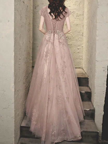 Tulle Lace Long Prom Dress With Applique