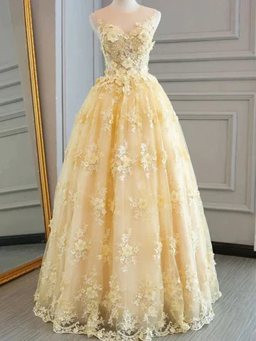 Formal Women's Dresses Yellow Sheer A-Line Appliques Tulle Long Prom Dress Prom Dress Stores