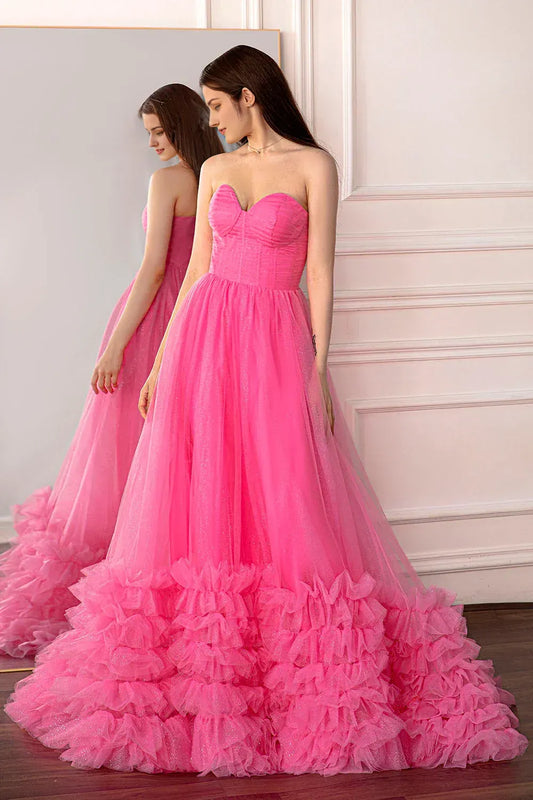 Tulle Off-the-Shoulder Ruffle Pink Strapless Prom Gown