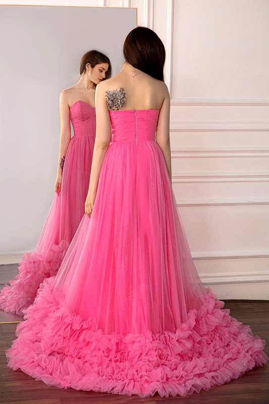 Tulle Off-the-Shoulder Ruffle Pink Strapless Prom Gown