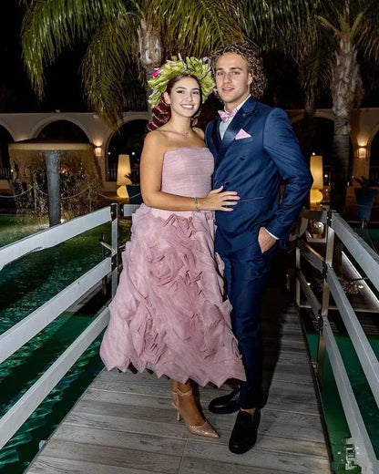 Formal Women's Dresses Misty Pink Flowered Tulle Prom Dress Strapless Midi Dress Cocktail Party Dress Prom Clothing