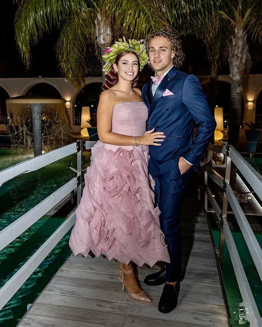 Formal Women's Dresses Misty Pink Flowered Tulle Prom Dress Strapless Midi Dress Cocktail Party Dress Prom Clothing
