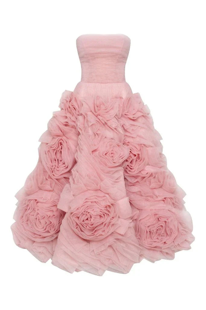Formal Women's Dresses Misty Pink Flowered Tulle Prom Dress Strapless Midi Dress Cocktail Party Dress Prom Clothing