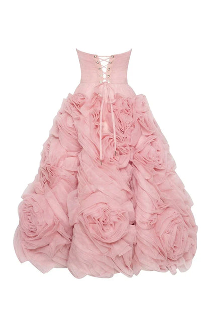 Formal Women's Dresses Misty Pink Flowered Tulle Prom Dress Strapless Midi Dress Cocktail Party Dress Prom Clothing