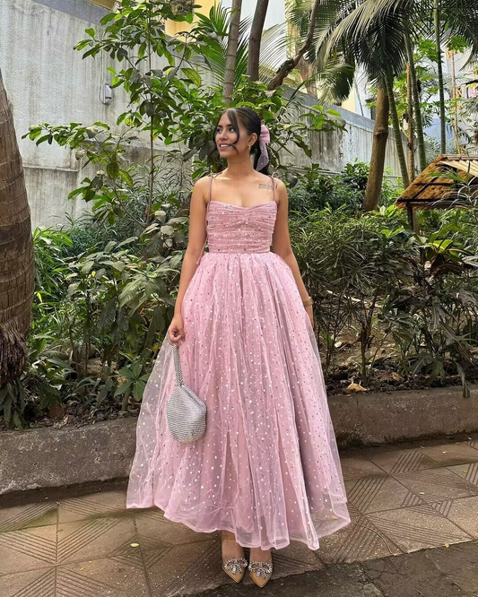 Formal Women's Dresses Spaghetti Straps Pink Shiny Tulle Prom Dress Sweet A Line Birthday Party Dress Prom Dresses Stores