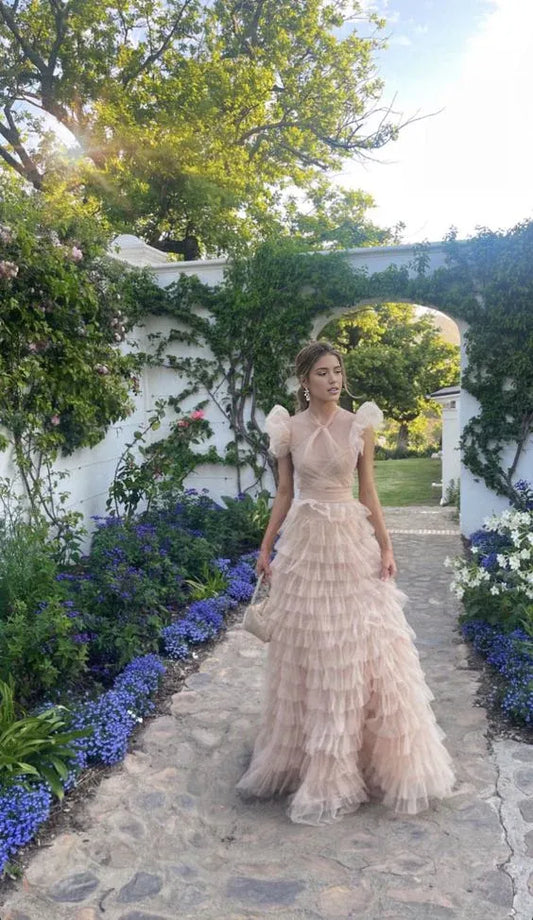 Formal Women's Dresses Light Pink A-Line Tulle Tiered Long Prom Dress Evening Gown Prom Clothing
