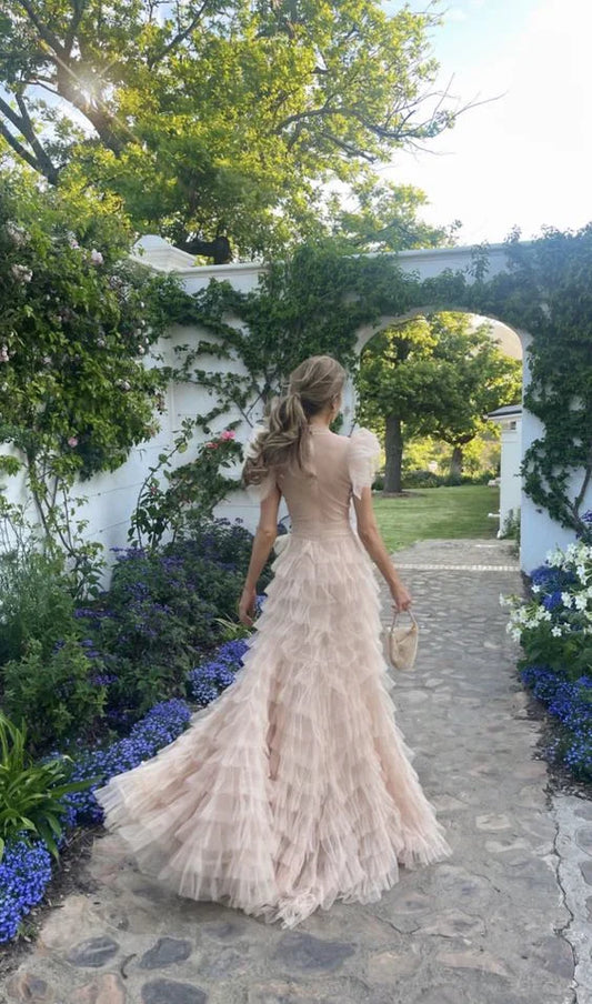 Formal Women's Dresses Light Pink A-Line Tulle Tiered Long Prom Dress Evening Gown Prom Clothing
