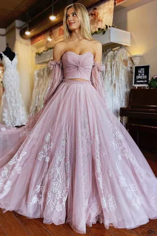 Two-Piece Dusty Pink Strapless A-Line Applique Prom Dress with Sleeves