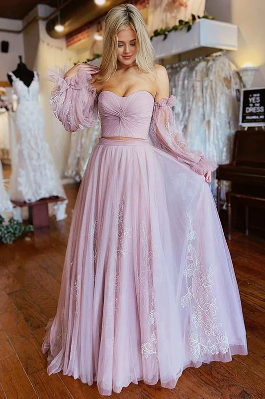 Two-Piece Dusty Pink Strapless A-Line Applique Prom Dress with Sleeves
