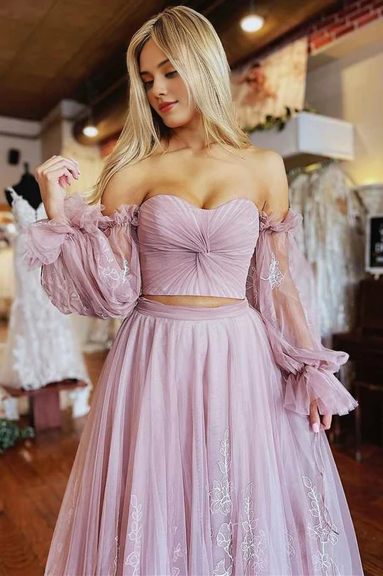 Two-Piece Dusty Pink Strapless A-Line Applique Prom Dress with Sleeves