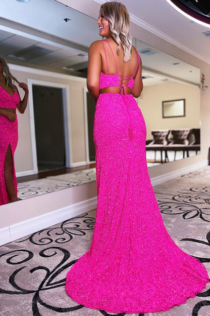 Two Piece Spaghetti Straps Hot Pink Sequins Long Prom Dress with Split Front