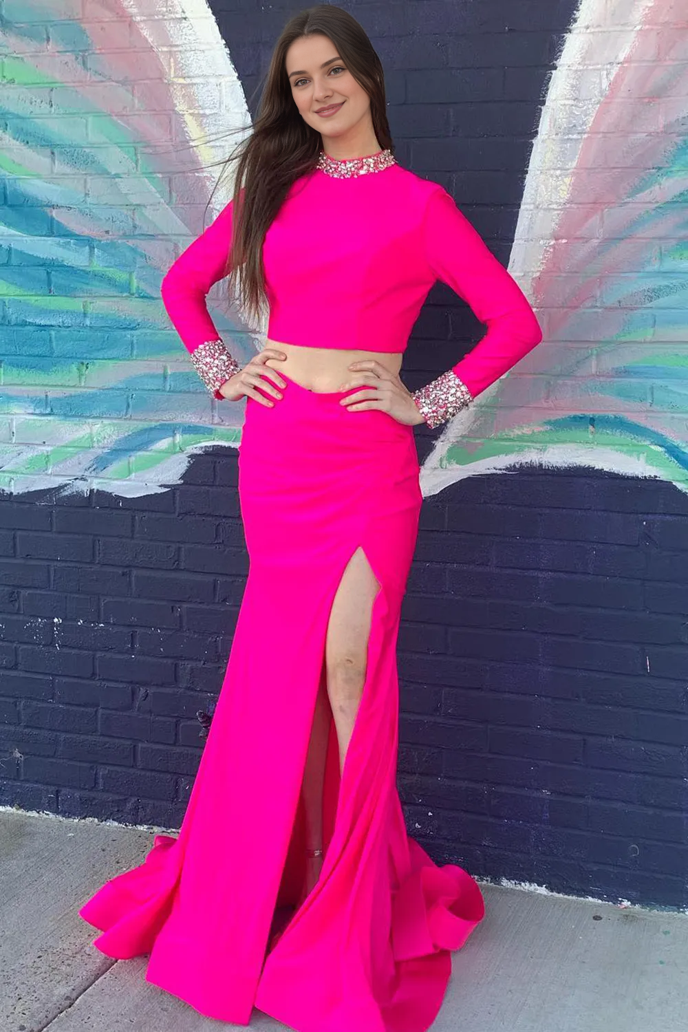 Two Pieces Round Neck Cutout Waist Backless Long Prom Dress With Slit