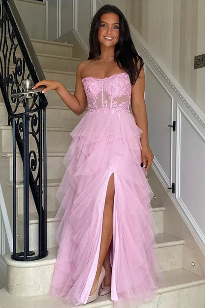 Unique A-Line Corset Sleeveless Appliques Tulle Floor Length Prom Dress