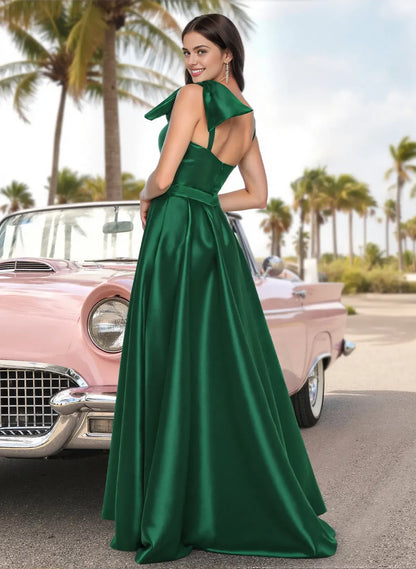 Unique A-Line One-Shoulder Sleeveless Split Satin Floor-Length Prom Dress