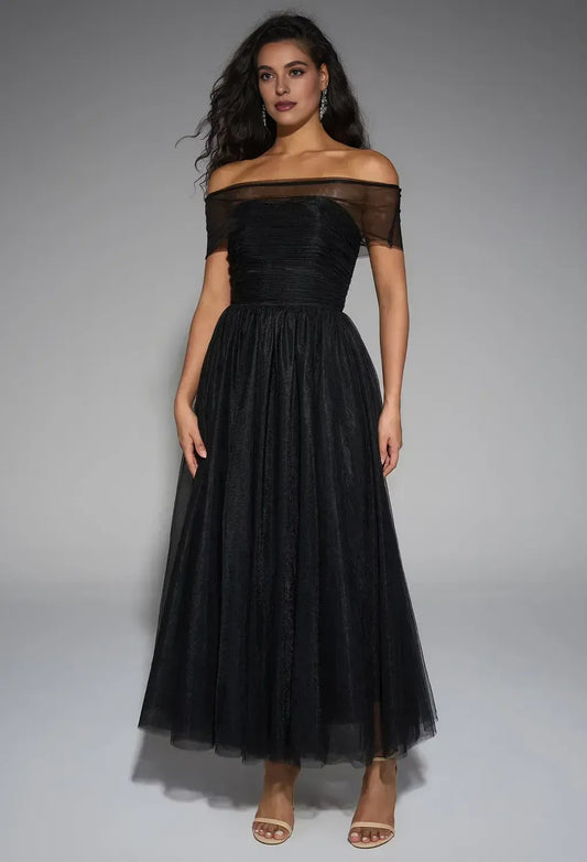 Unique A-Line Straight Neck Sleeveless Backless Tulle Ankle Length Prom Dress