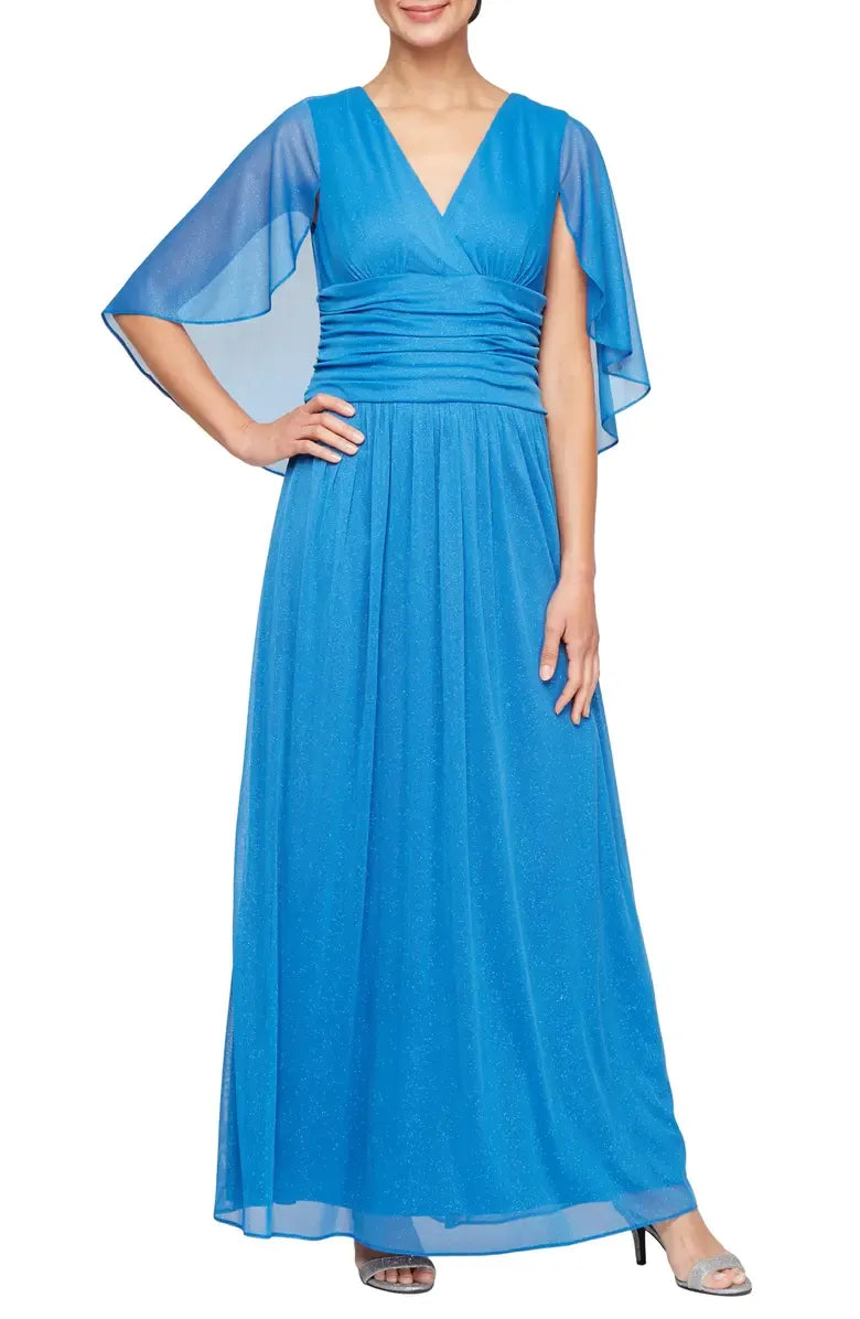 Unique A-Line V Neck Capelet Sleeve Zipper Up Floor-Length Prom Dress