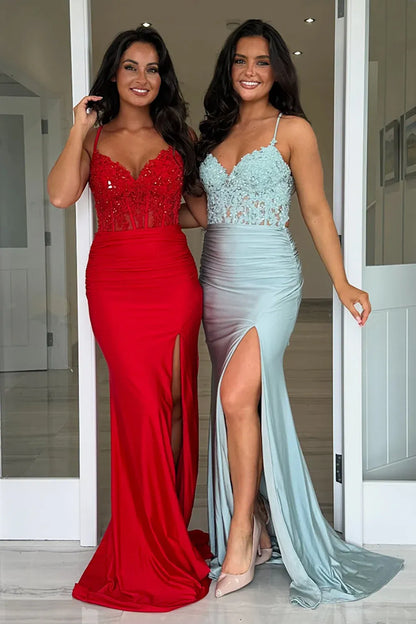 Unique Mermaid Corset Sleeveless Satin Slit Sweep Train Prom Dress