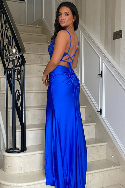 Unique Mermaid Corset Sleeveless Satin Slit Sweep Train Prom Dress