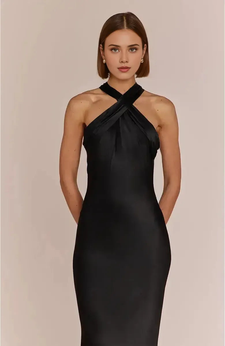Unique Sheath Halter Neck Sleeveless Satin Floor-Length Prom Dress