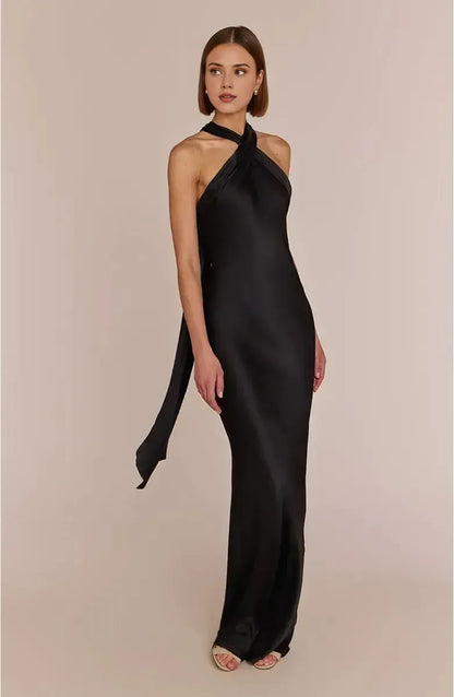 Unique Sheath Halter Neck Sleeveless Satin Floor-Length Prom Dress