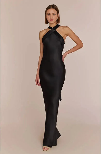 Unique Sheath Halter Neck Sleeveless Satin Floor-Length Prom Dress