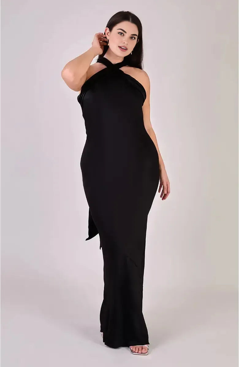 Unique Sheath Halter Neck Sleeveless Satin Floor-Length Prom Dress