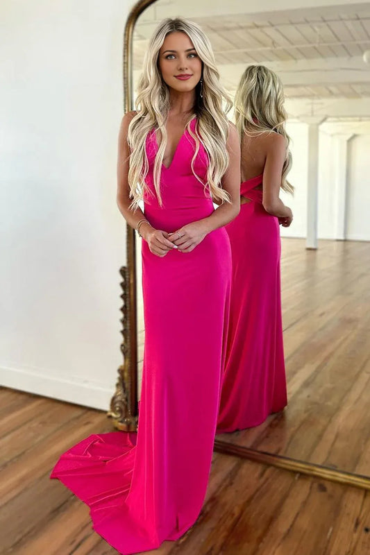 V-Neck Cross Back Long Satin Corset Prom Party Dress With Train