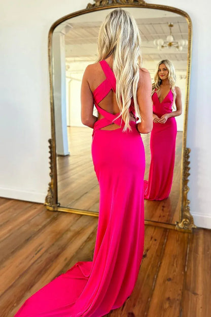 V-Neck Cross Back Long Satin Corset Prom Party Dress With Train