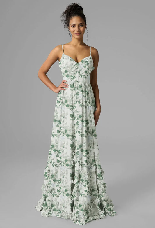 A-line V-Neck Floor Length Spaghetti Straps Prom Dresses Sleeveless Corset Ruching Ruffles Cheap Chiffon Bridesmaid Dresses