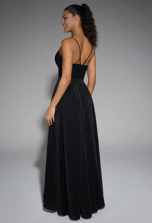 A-line V-Neck Glitter Spaghetti Straps Floor Length Prom Dresses Sleeveless Pleated Custom Off the Shoulder Evening Dresses