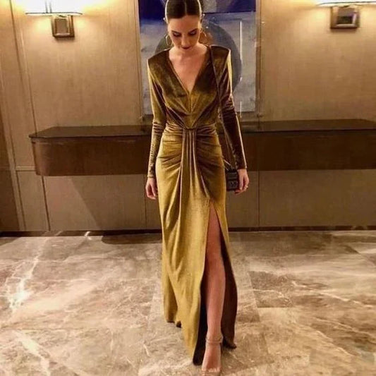 Dress Prom Dress Stores Sexy V-Neck Long Sleeve Split Velvet Formal Prom Dress Formal Dresses