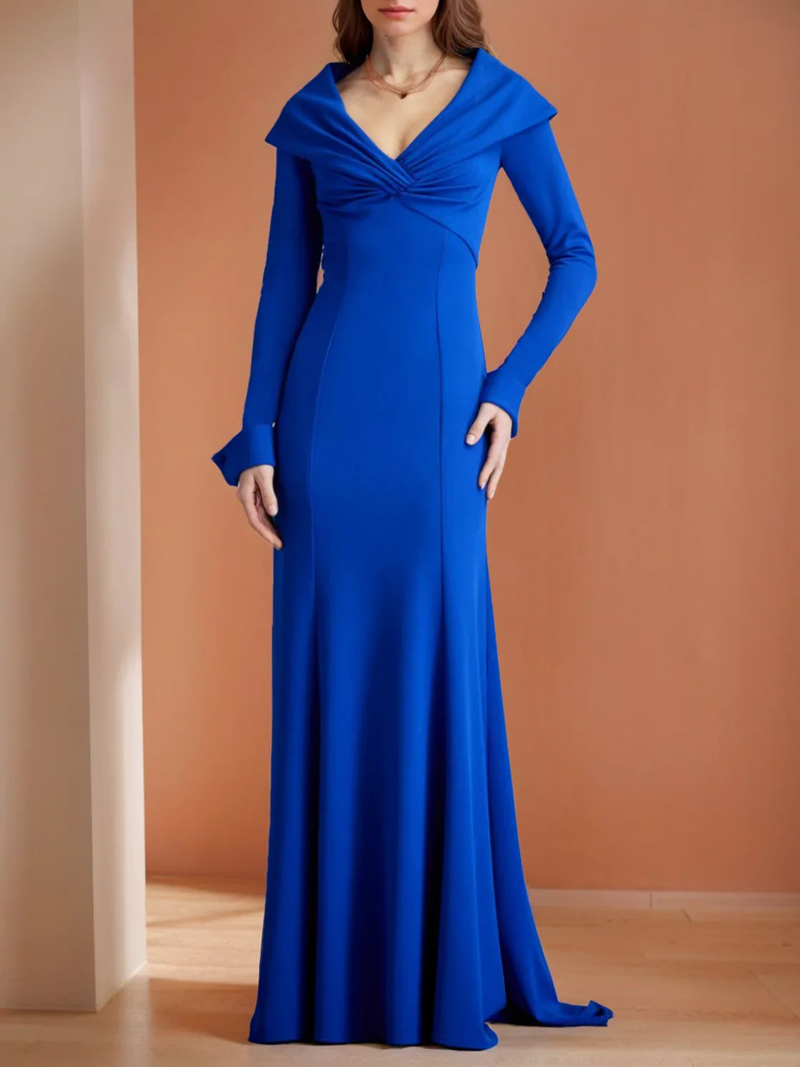 Prom Dresses Stores Mermaid/Trumpet V-Neck Long Sleeves Floor-Length Mother of the Bride Dresses with Ruffles Formal Women's Dresses