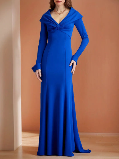 Prom Dresses Stores Mermaid/Trumpet V-Neck Long Sleeves Floor-Length Mother of the Bride Dresses with Ruffles Formal Women's Dresses