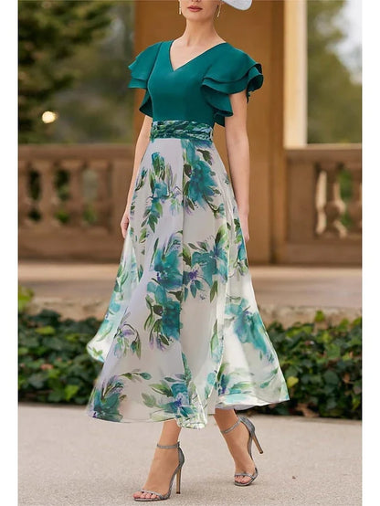 Formal Women's Dresses A-Line/Princess V-Neck Short Sleeve Floral Ankle-Length Mother of the Bride Dresses Prom Dresses Stores