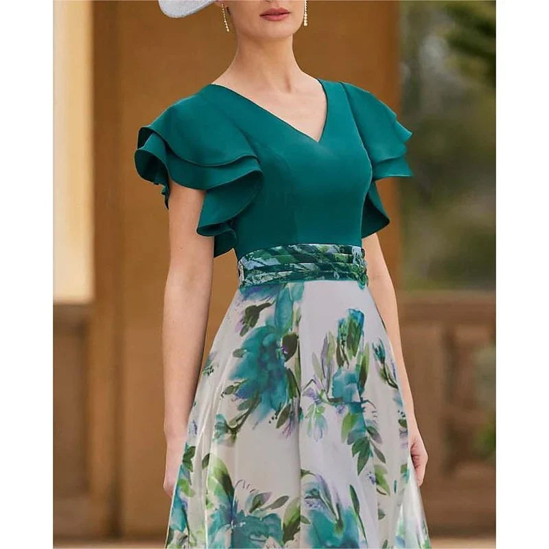 Formal Women's Dresses A-Line/Princess V-Neck Short Sleeve Floral Ankle-Length Mother of the Bride Dresses Prom Dresses Stores