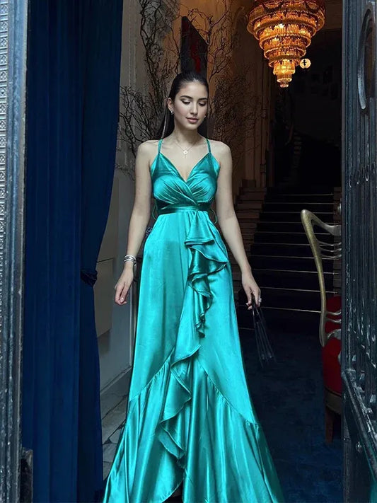 Formal Women's Dresses Elegant Green Spaghetti Straps V-neck A-line Long Prom Dresses Prom Dress Stores