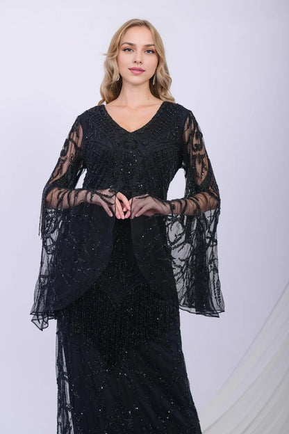 V-neck Large Sleeved Sequin Handmade Elegant Ball Dress Embroidered