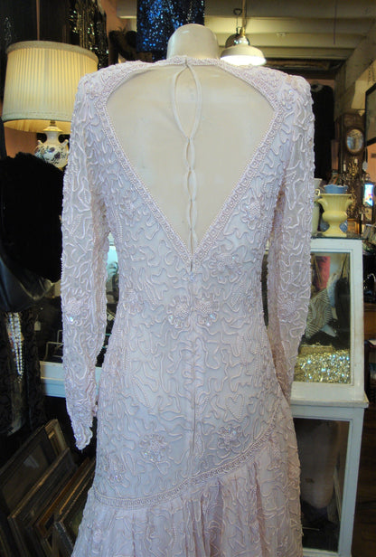Vintage Round Neck Light Pink Sequin and Beaded Party Dress Bridal Wedding Guest Prom Dress Elegant Evening Dress With Flowar
