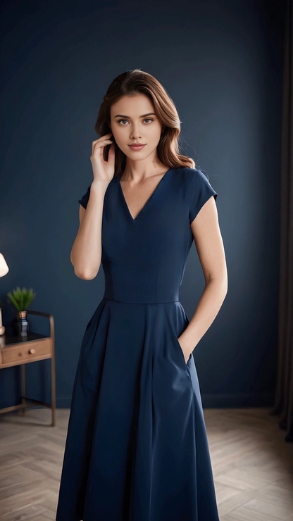 V Neck A-line Simple Tea-Length Short Sleeves Bridesmaid Prom Cocktail Dress With Pocket