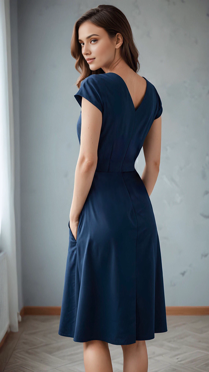 V Neck A-line Simple Tea-Length Short Sleeves Bridesmaid Prom Cocktail Dress With Pocket