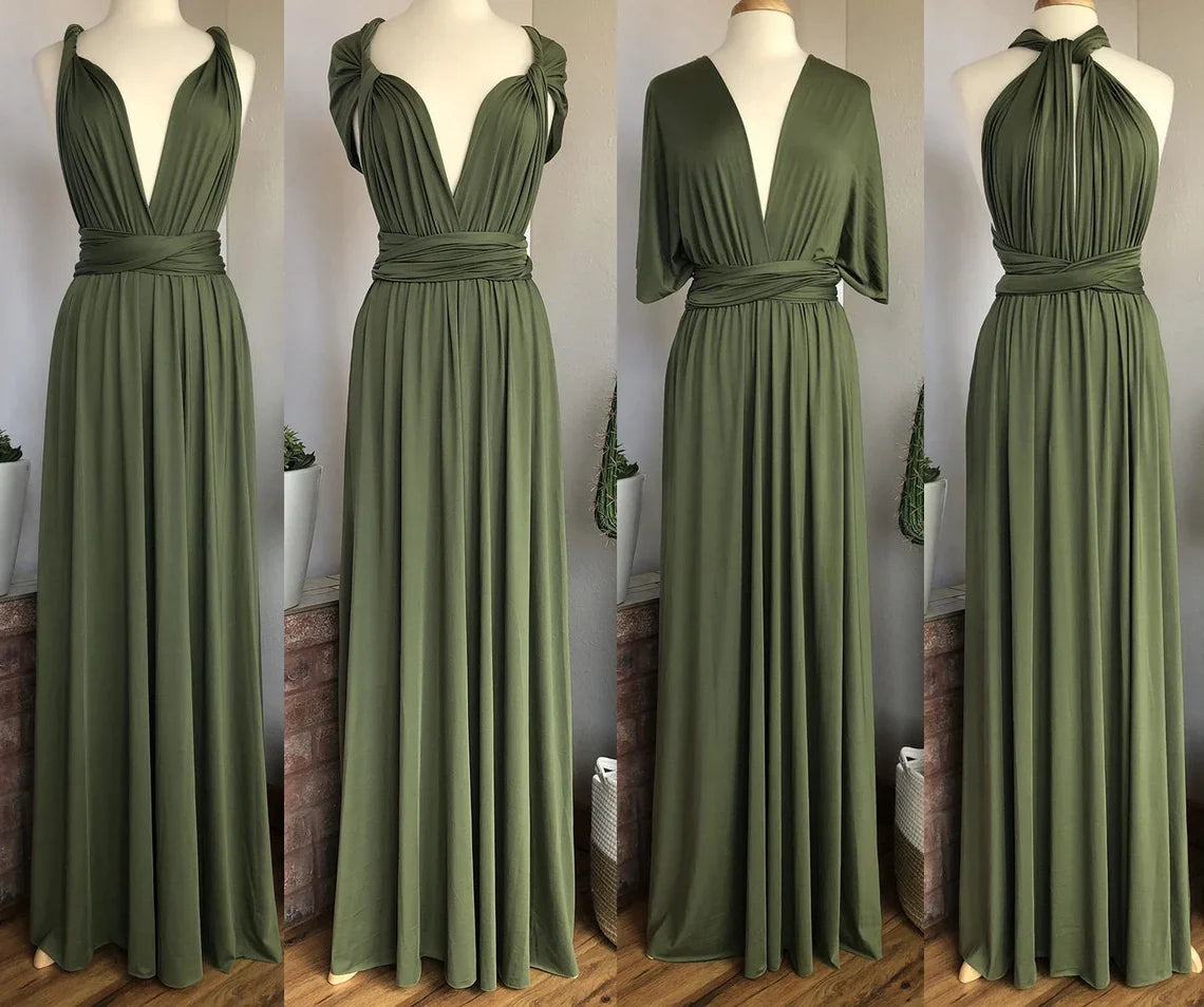 V Neck Backless A-line Simple Floor Length Sleeveless Multiway Style Bridesmaid Prom Dress