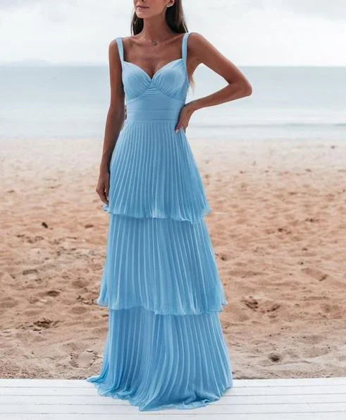 V Neck Backless Multi Layer Floor Length Charming Blue Prom Dress