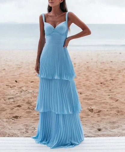 V Neck Backless Multi Layer Floor Length Charming Blue Prom Dress