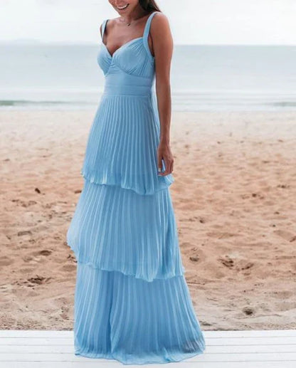 V Neck Backless Multi Layer Floor Length Charming Blue Prom Dress