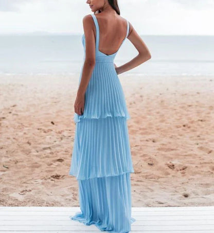 V Neck Backless Multi Layer Floor Length Charming Blue Prom Dress