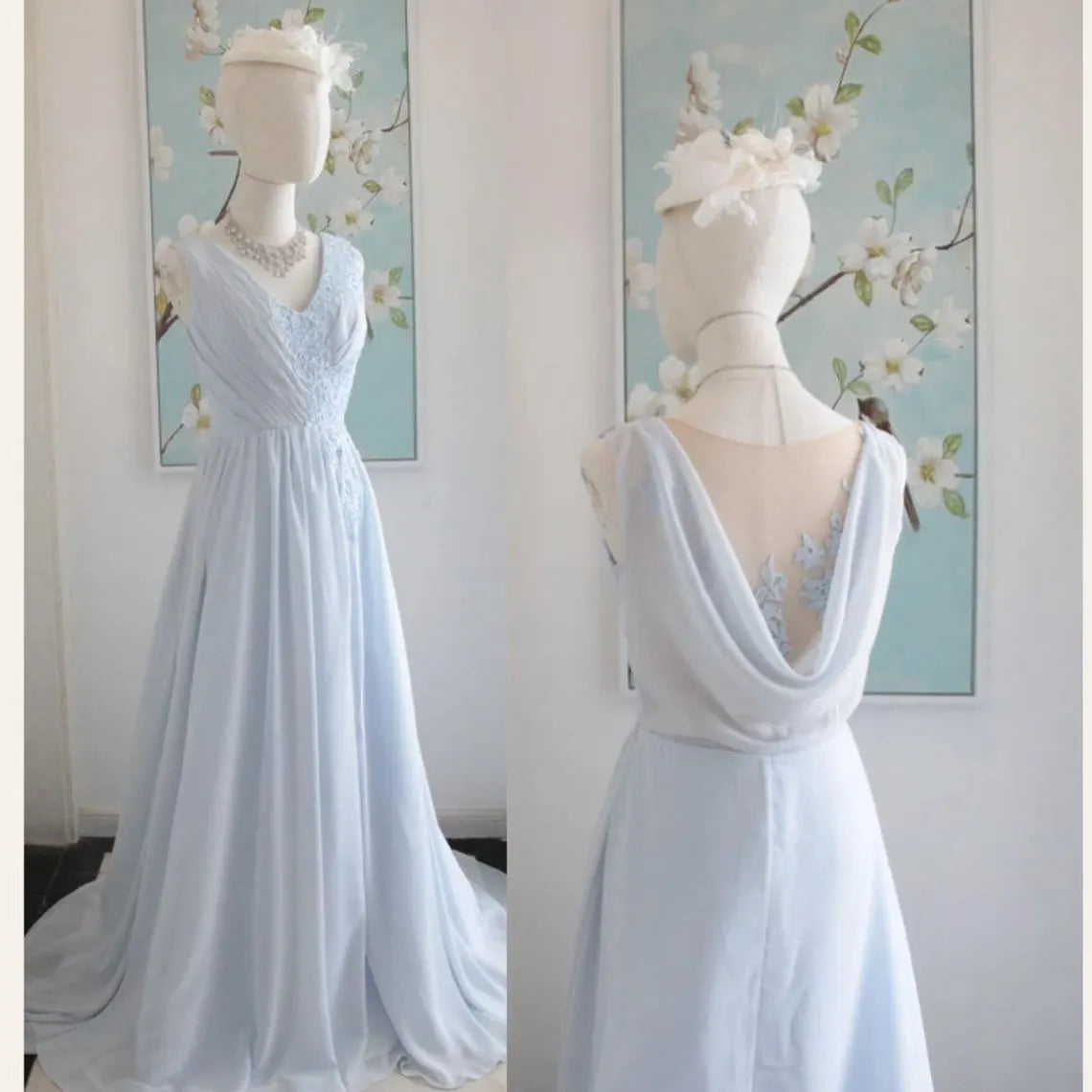 V Neck Dusty Blue Cowl Back Bridesmaid Dress With Lace Applique Sleeveless Elegant Chiffon Prom Evening Bridesmaid Dress With Slit