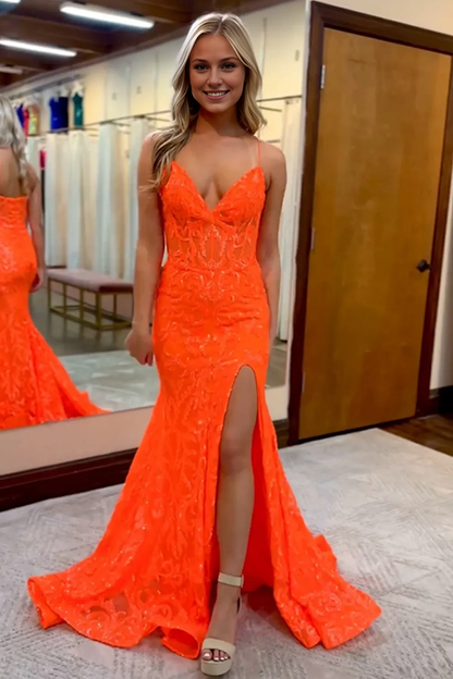 V Neck Gorgeous Sparkly Mermaid Spaghetti Straps Long Prom Dress With Slit
