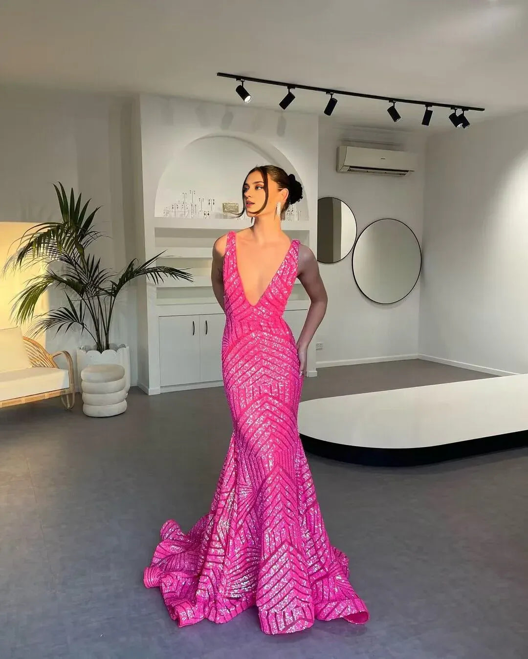 Formal Women's Dresses V Neck Pink Sequin Mermaid Prom Dress Prom Dresses Stores