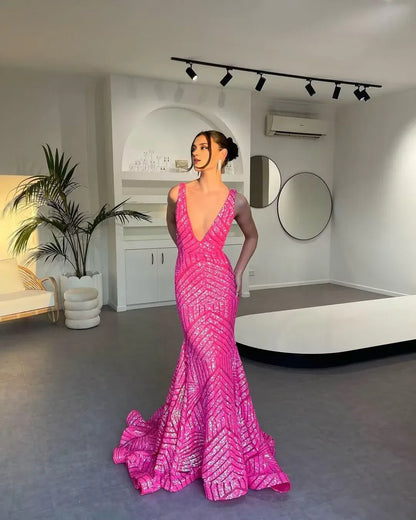 Formal Women's Dresses V Neck Pink Sequin Mermaid Prom Dress Prom Dresses Stores