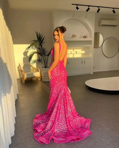 Formal Women's Dresses V Neck Pink Sequin Mermaid Prom Dress Prom Dresses Stores